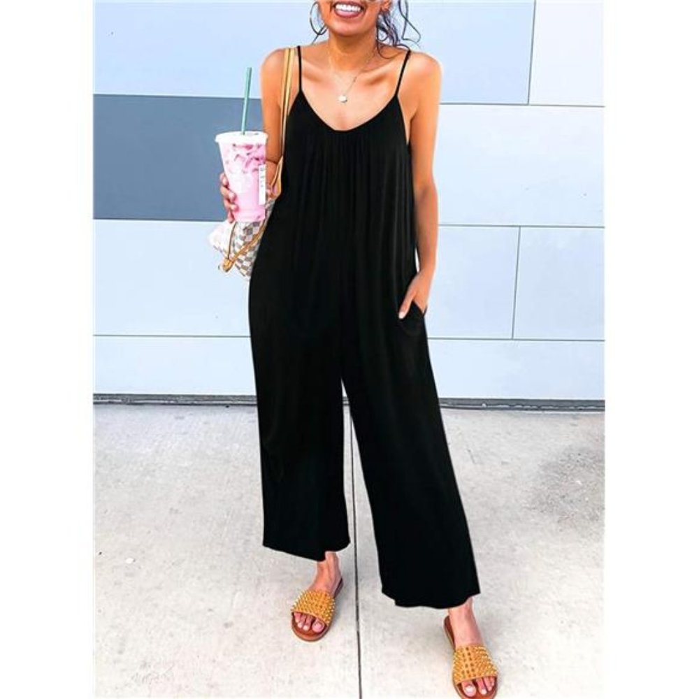 Dokotoo Women's Loose Sleeveless Jumpsuits Adjustable Spaghetti Strap Stretchy L